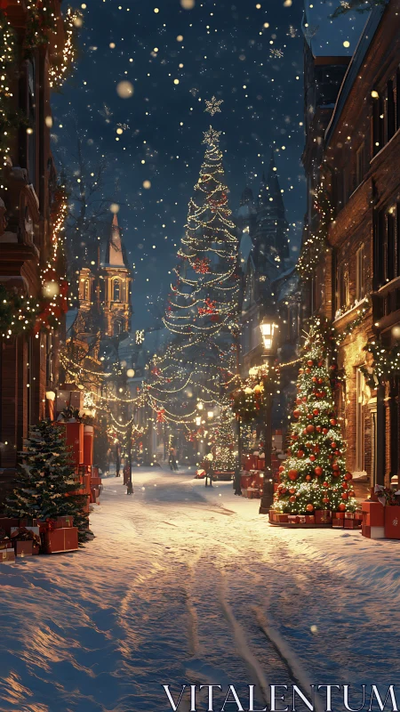 Photorealistic snowy street with illuminated Christmas decor.