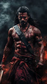 Storm-forged warrior strides through embers and shadow.