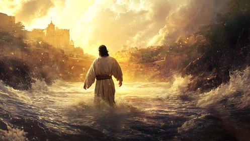 Robed figure stands in turbulent river facing sunlit cityscape