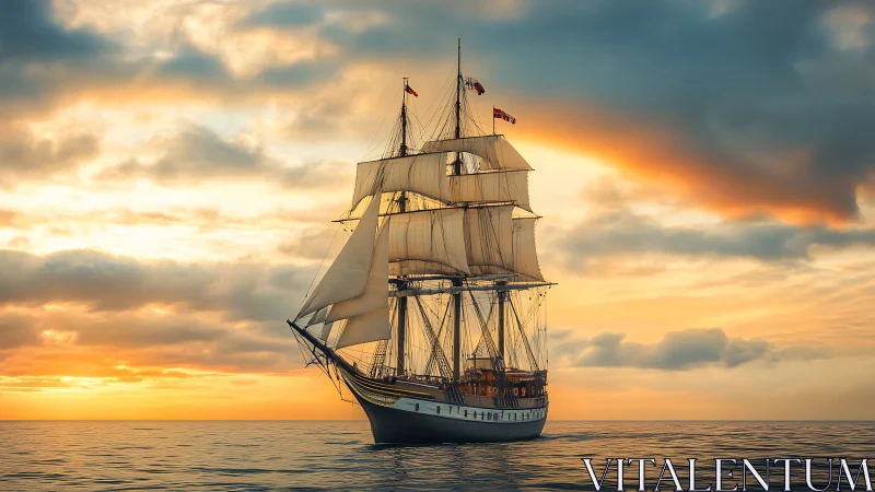 Square-rigged tall ship under full sail at equilibrial sunset.