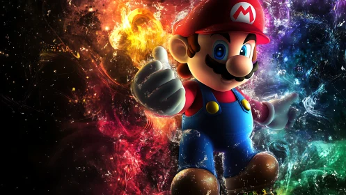 Stylized game character against multicolor cosmic field.