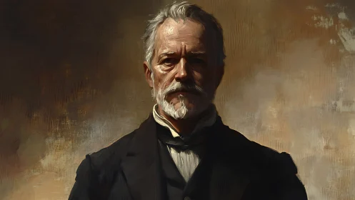 Older man in formal attire against muted painted backdrop.