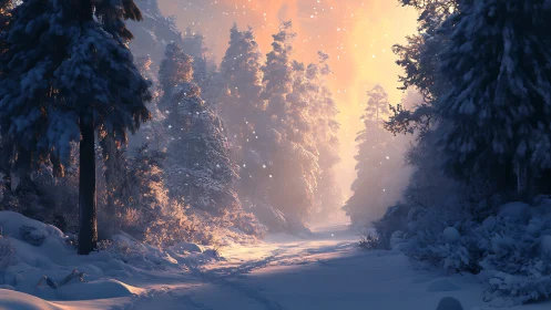 Snowy Forest Path at Dawn. Golden Light Through Winter Trees.