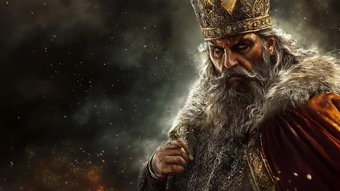 Battle-scarred king grips jeweled sword amid swirling embers