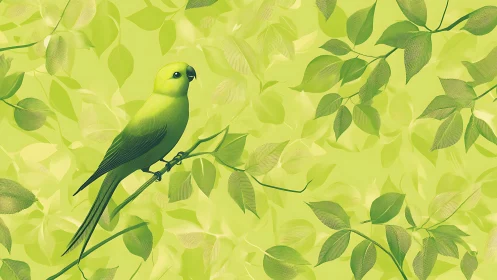 Green bird perched on leafy branch in soft digital illustration.