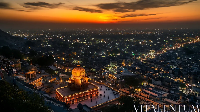 Illuminated domed complex above dense city at sunset.