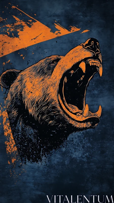 Roaring bear illustration in bold orange on grunge navy background.