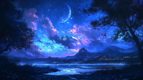 Crescent moon crowns a glowing lakeside fantasy kingdom.