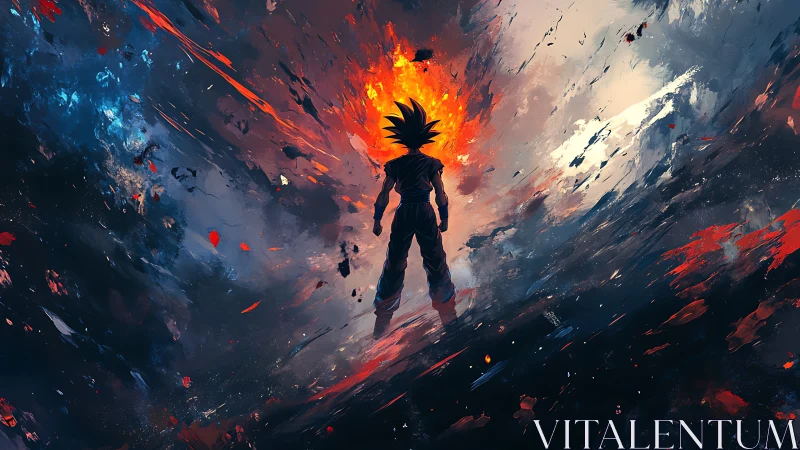 Silhouetted figure stands before central erupting energy field