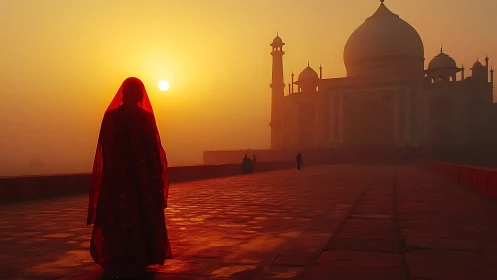 Silhouetted figure in red before Taj Mahal at hazy sunrise.