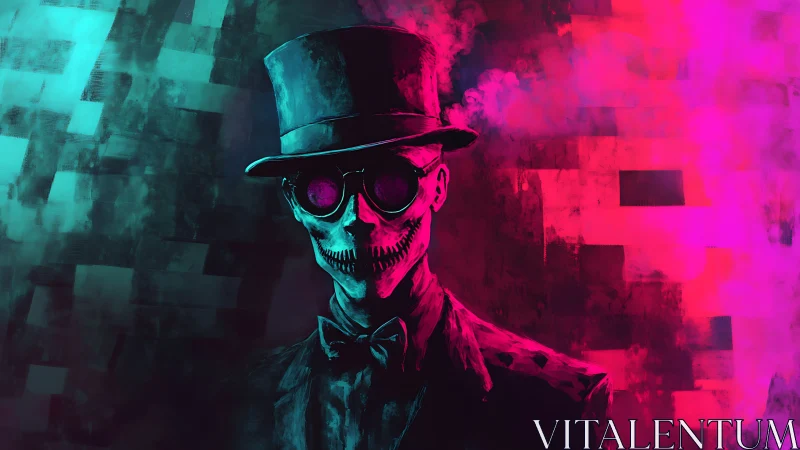 Neon skull gentleman in hat radiates eerie cyber glow.