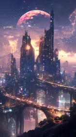 Starlit bridges thread through a neon citadel beneath twin skies