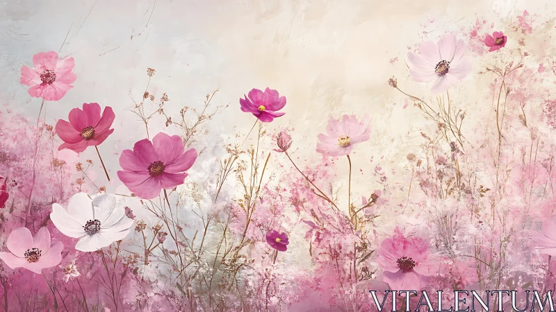 Field composition with cosmos and daisy-form flowers rendered in graduated transparency layers.