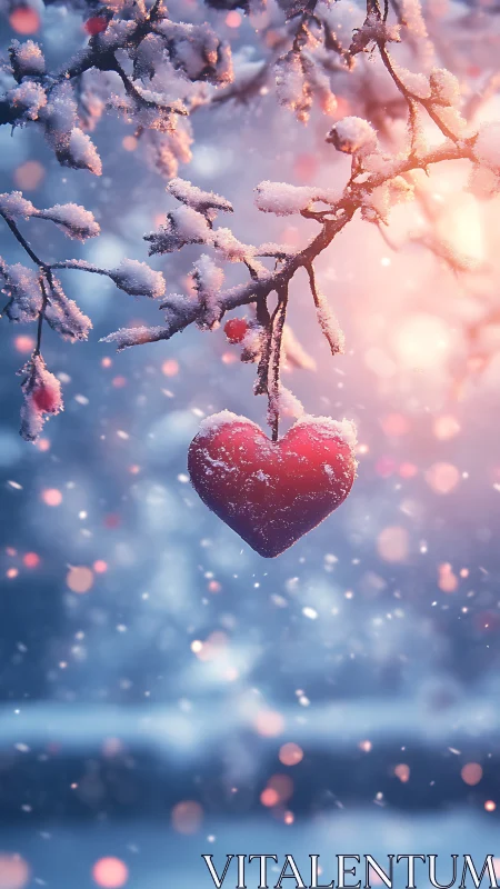 Frosted Heart Ornament on Winter Branches.