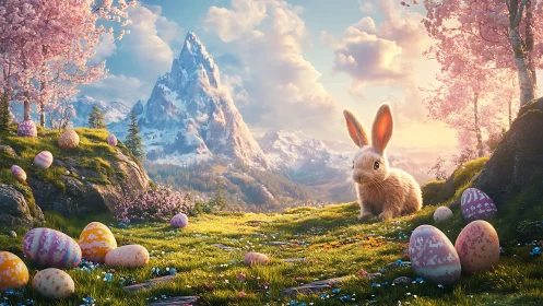 Easter meadow rabbit in pastel alpine sunrise landscape.