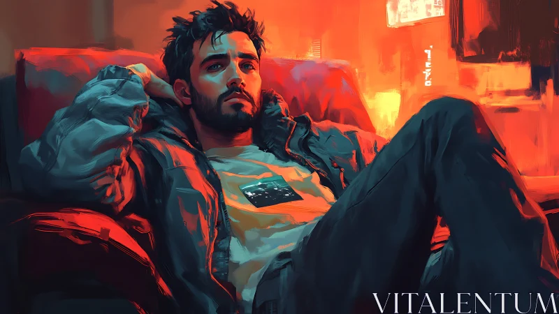 Male figure reclines in red-lit interior environment