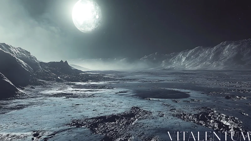 Distant illuminated moon over cratered icy extraterrestrial plain
