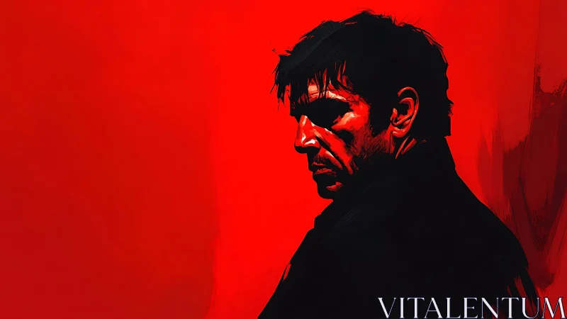 Brooding male silhouette cuts sharp profile in red field.