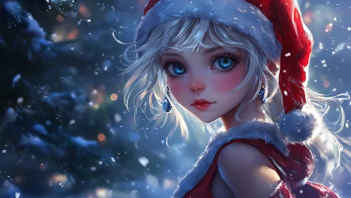 Snowlit anime girl in Santa attire rendered with luminous bokeh