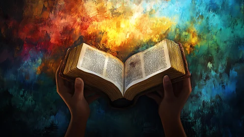 Hands presenting illuminated antique book against abstract light