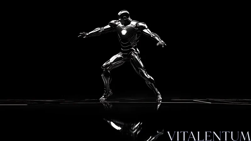 Chrome armored humanoid stance on reflective black stage.