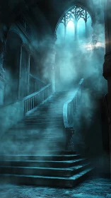 Haunted stone staircase rises through cold blue mist