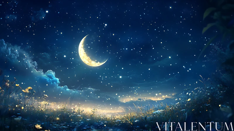 Gentle crescent moon glowing above a dreamy wildflower field.
