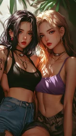 Two stylized girls pose in dappled sunlight with bold contrast