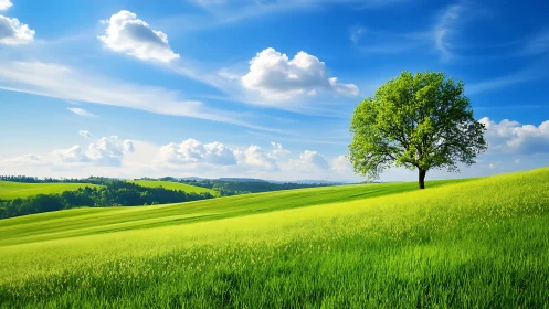 Isolated deciduous tree on chromatic spring hillside under cirrus sky.