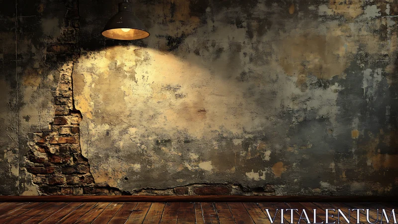 Worn plaster wall reveals brickwork under single hanging lamp