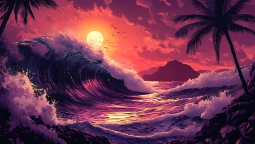 Crashing neon sunset waves ignite a tropical island shore