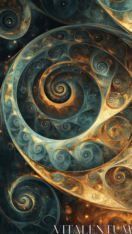 Golden teal fractal spirals in layered cosmic vortex.
