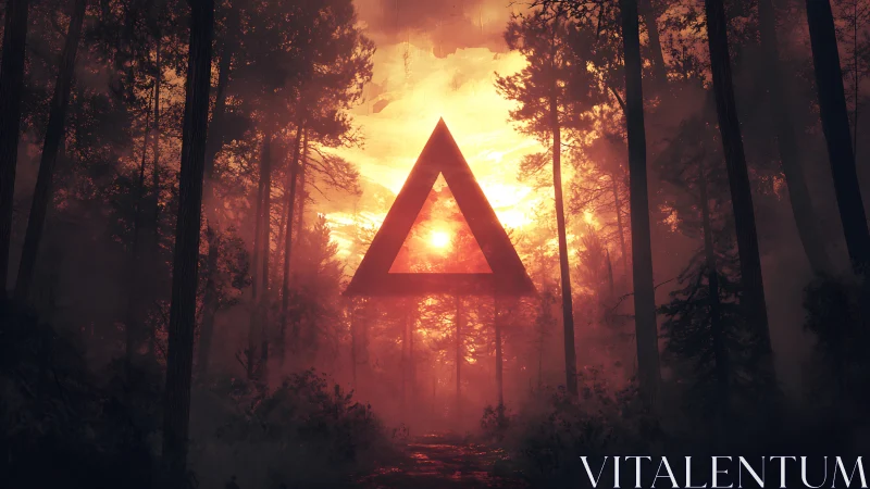 Red triangular geometric form centered within obscured forest environment.