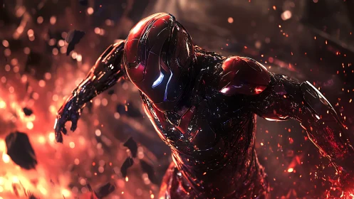 Armored cybernetic warrior charges through molten debris storm