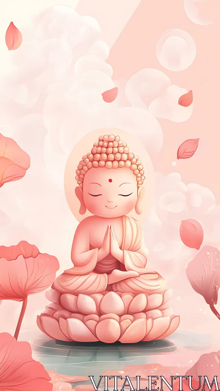 Serene Buddha child in pink lotus meditation with soft petals.