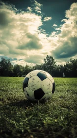 Weathered soccer ball on empty grass field under clouds.