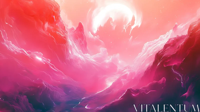 Vivid alien landscape under glowing celestial light.