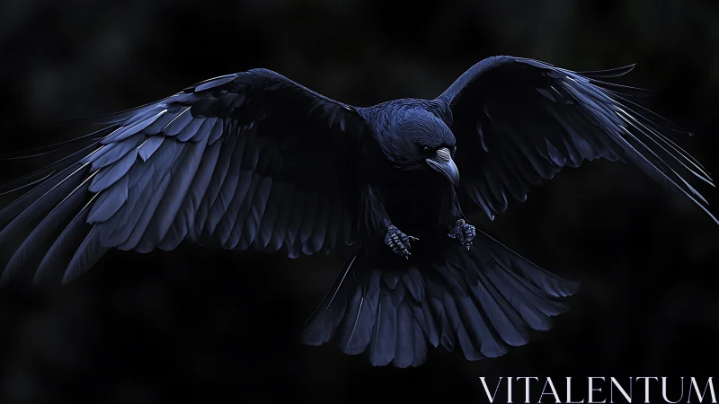 Majestic Black Raven in Flight Against Darkness.