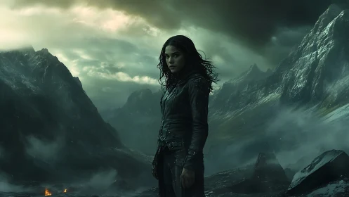 Stormborn wanderer in raven leathers across ruined peaks.