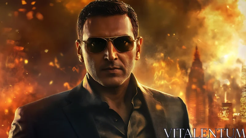 Sunglasses-clad action hero before blazing city skyline.