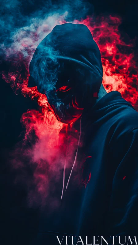 Hooded figure glows through red smoke in dark void.