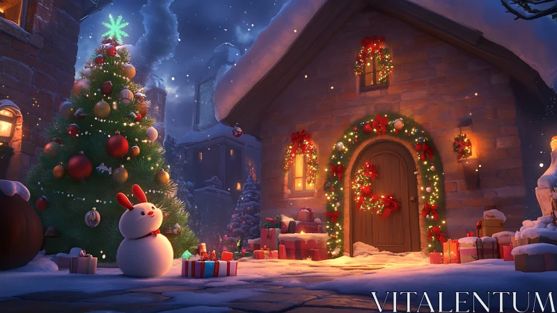 Snow-covered cottage with illuminated Christmas décor and stylized snowman