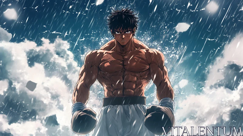Determined anime boxer standing strong in a stormy sky.