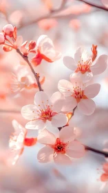 Luminous coral blossoms with delicate stamen clusters on backlit branch.