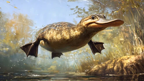 Semi-aquatic platypus rendered in dynamic underwater perspective