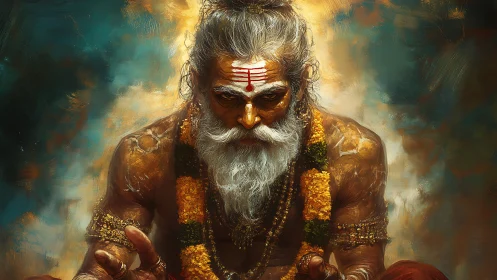 Mystic Hindu sage in intense frontal portrait, garlanded, meditative