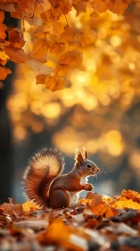 Autumn squirrel pauses under glowing golden foliage bokeh.