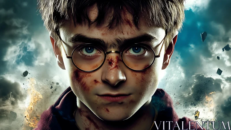 Battle-worn young wizard portrait in stormy cinematic sky.