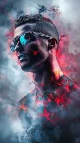 Stylized man in sunglasses amid blue and red smoke.