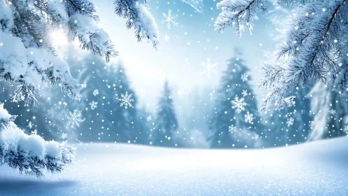 Snowy forest hush with twinkling winter snowflakes.